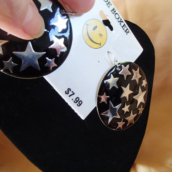 Joe Boxer Celestial Stars New Round Large Disc Earrings Black Silver NWT - Picture 4 of 8